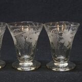 4 Old Small Liqueur Glasses in Engraved Vine Leaf and Grape Glass