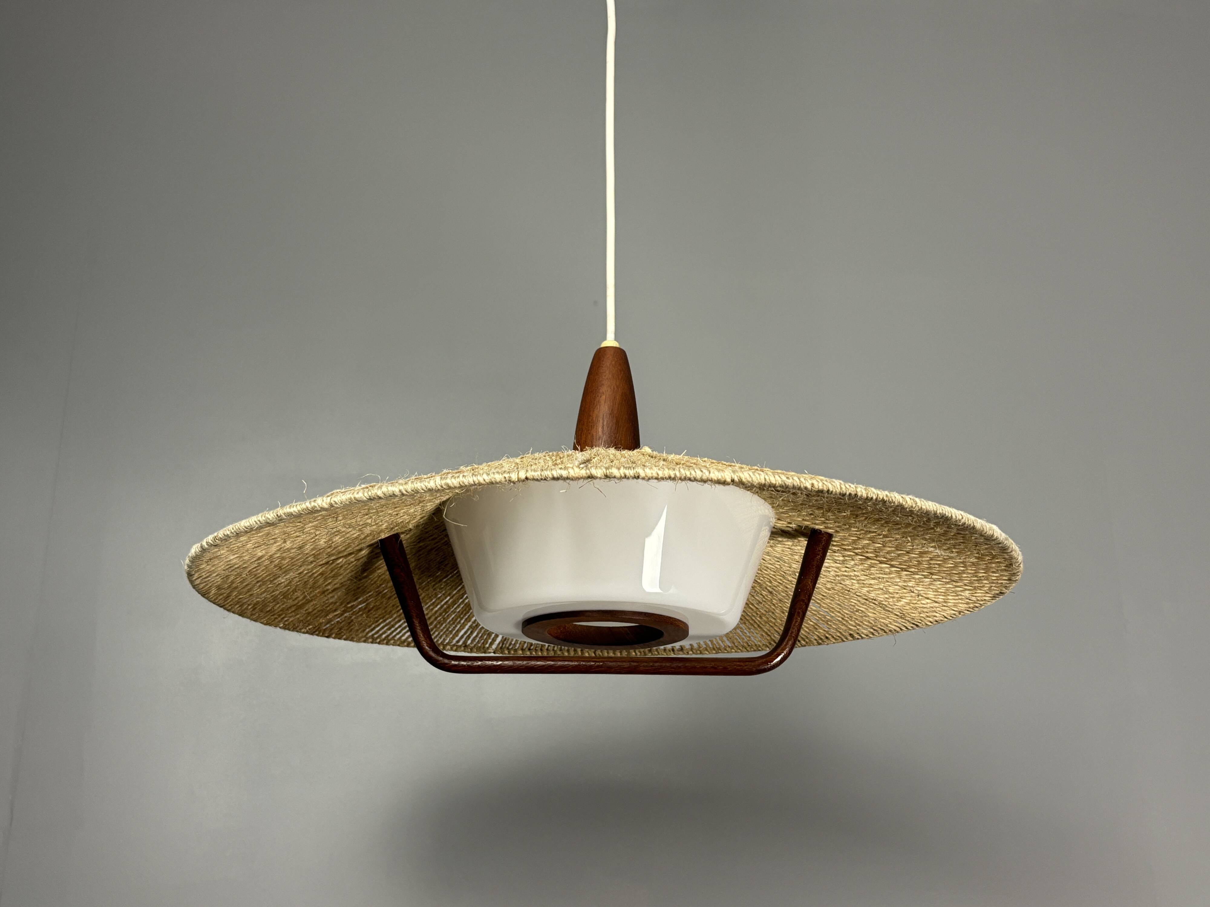 Large Mid-Century Teak and Sisal Cord Hanging Pendant by Temde Leuchten,60s