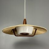 Large Mid-Century Teak and Sisal Cord Hanging Pendant by Temde Leuchten,60s