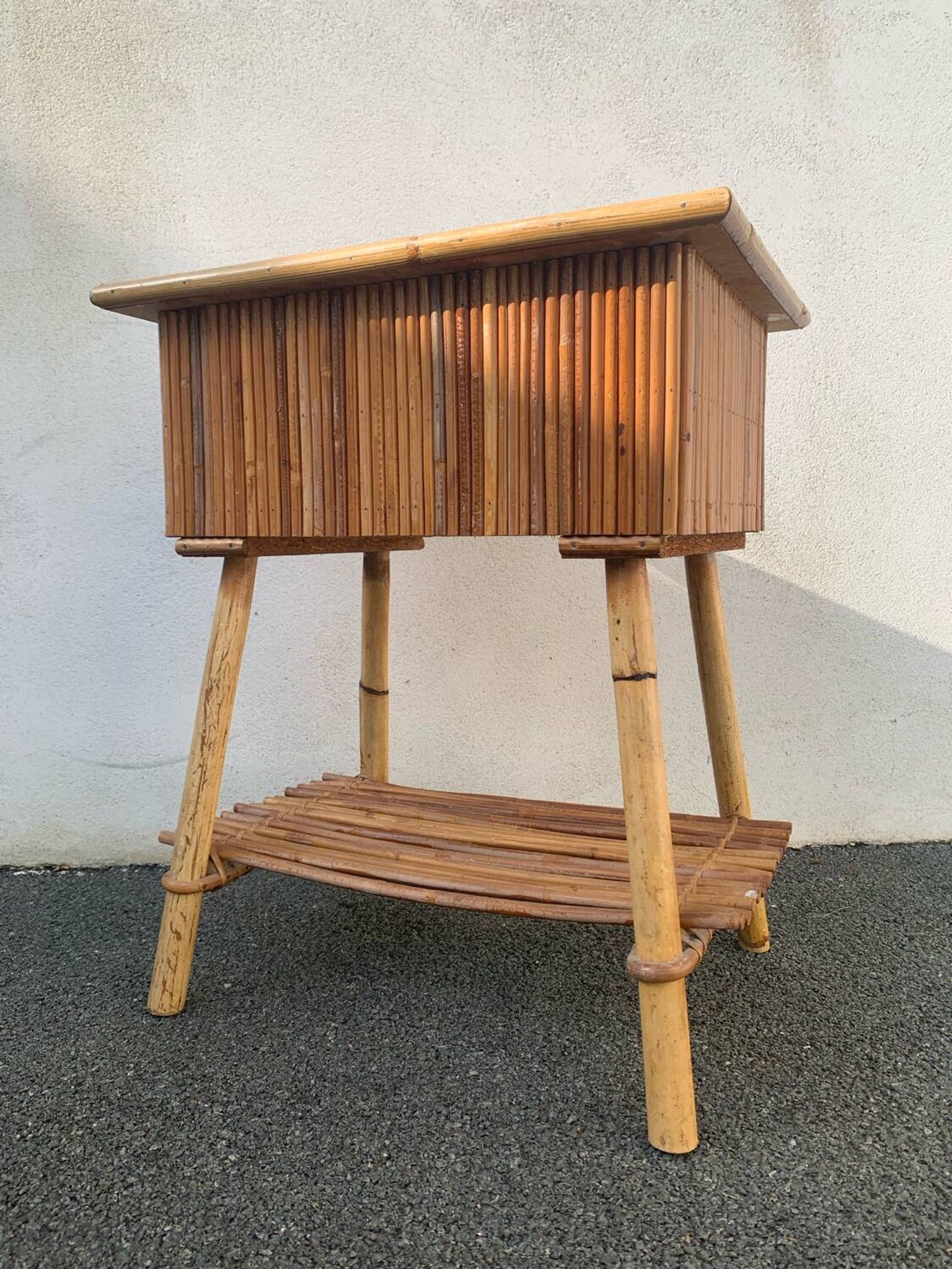 Vintage rattan and bamboo bedside table