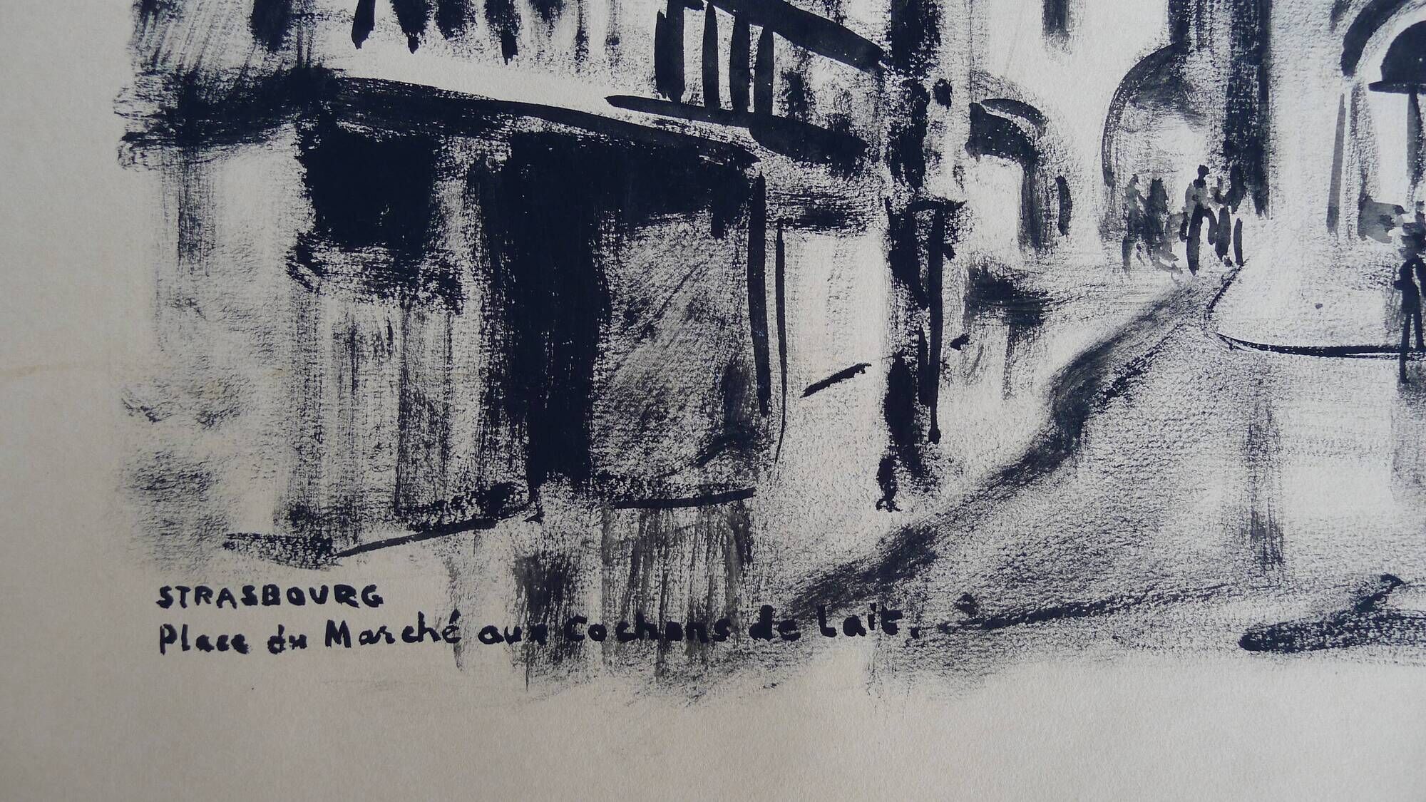 Strasbourg, original Indian ink wash drawing by Jean Villette (1913-2005)