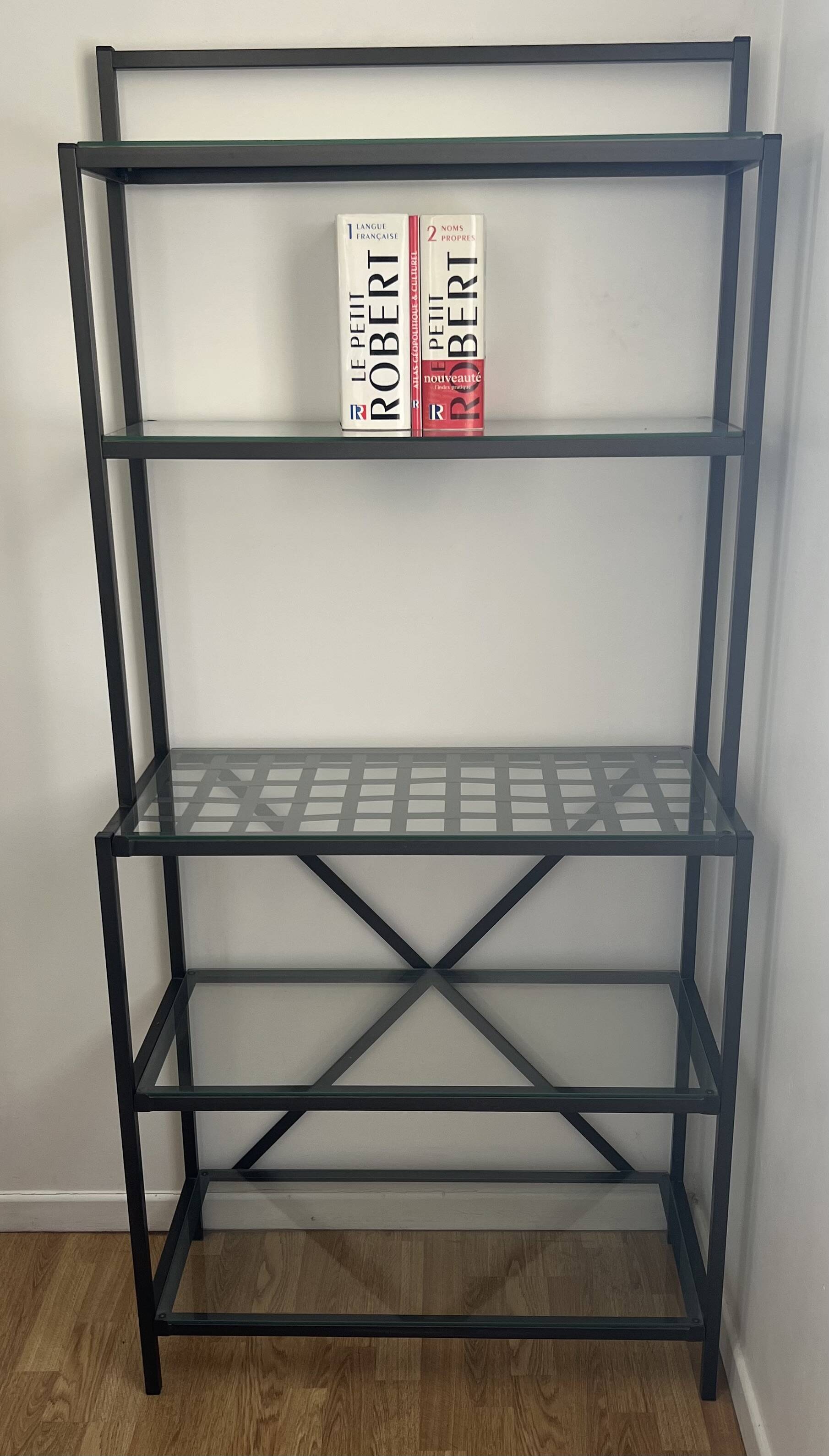 Black metal designer shelf with glass shelves