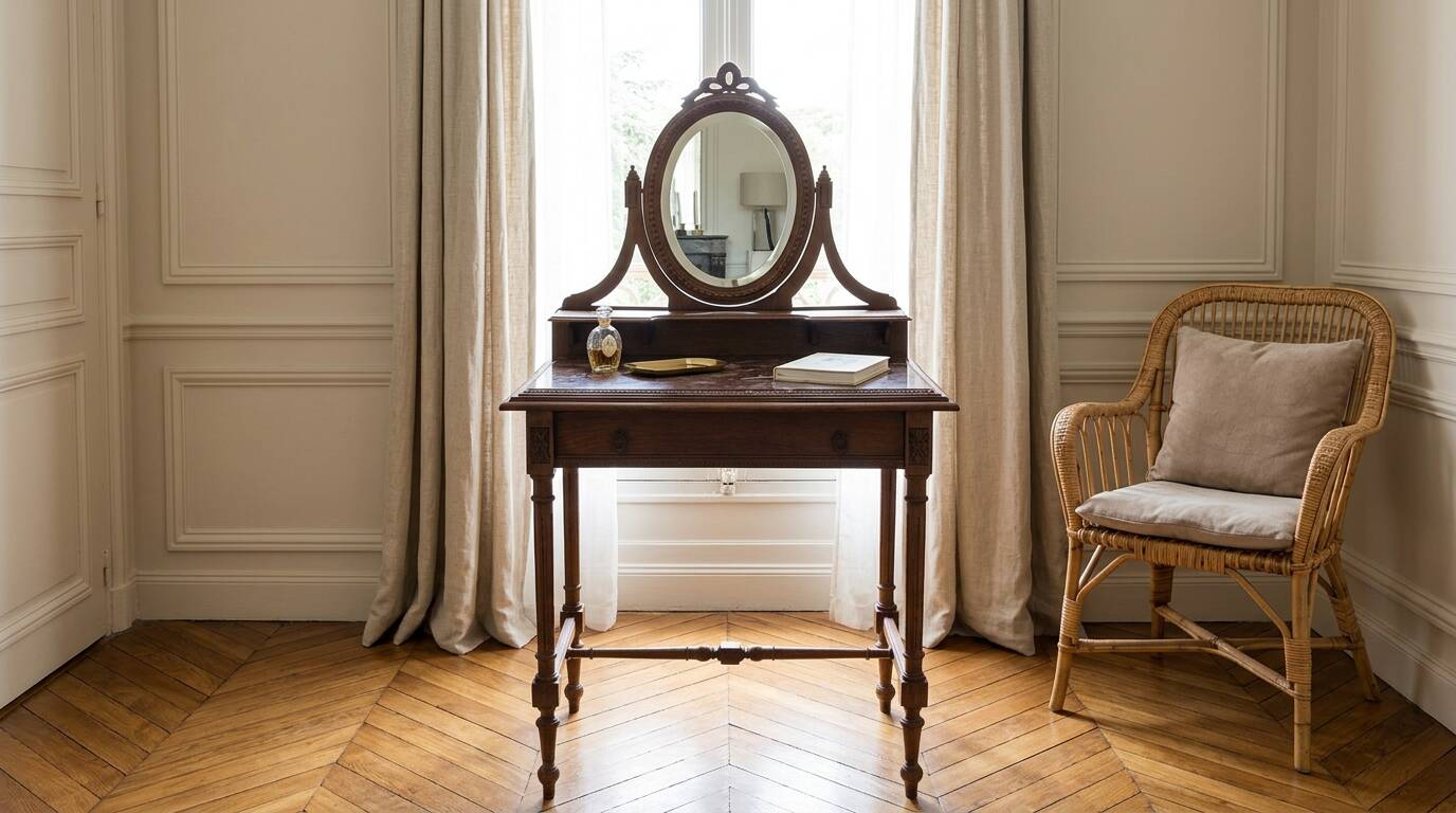 Antique oak and red marble dressing table with a swivel mirror.