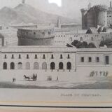 Antique engraving, Castle Square, Naples, Italy.