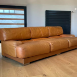 Vintage 3-seater sofa Gérard Guermonprez fawn and stainless steel leather, France 1970