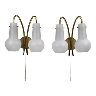 Pair brass and opaline wall sconces or bedside lamps, Austria 1950s