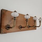 Wall coat rack with 4 metal hooks and white ceramic knobs, handmade.