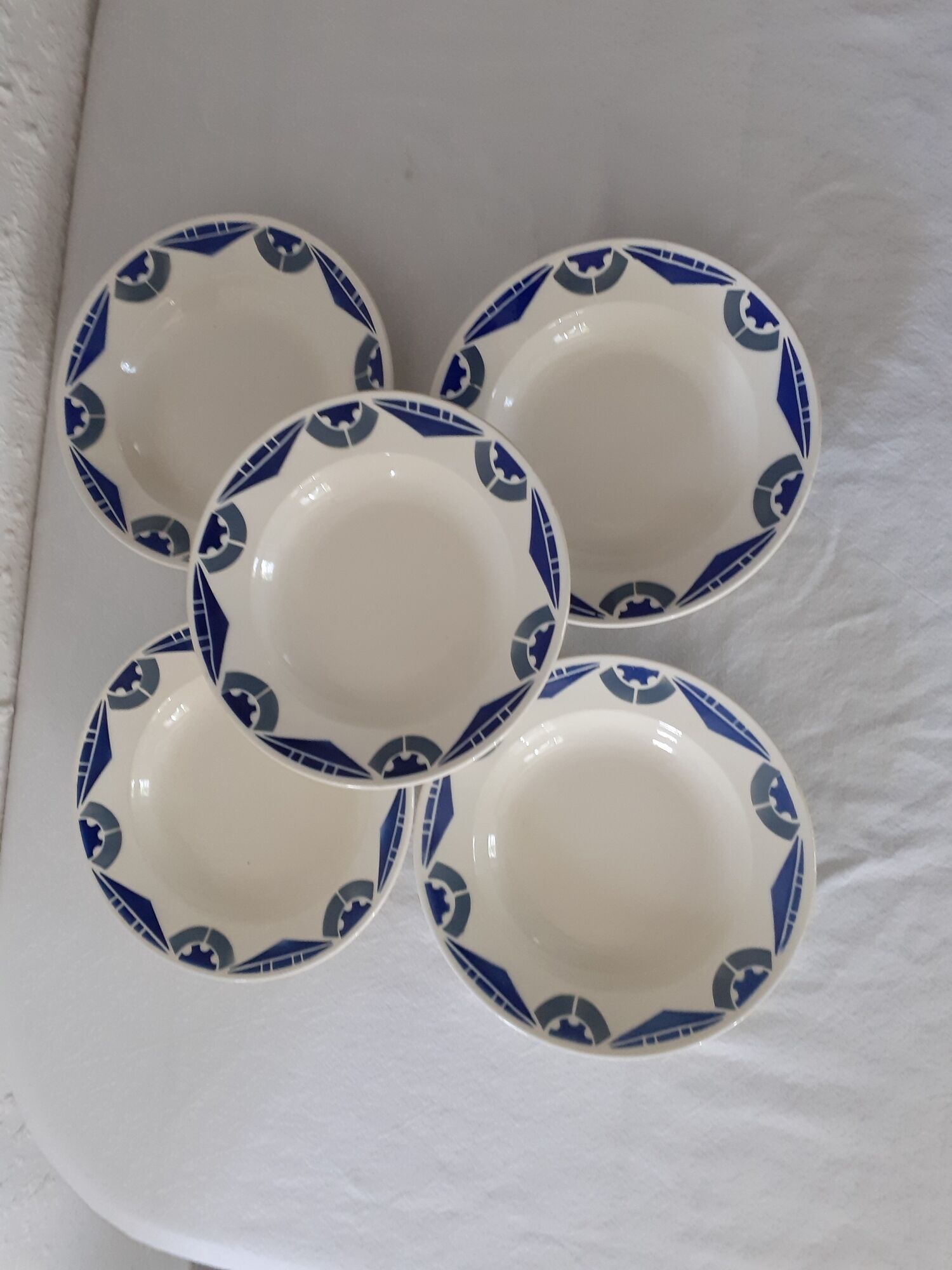 5 hollow plates badonviller blue and gray geometric decoration art deco faience old