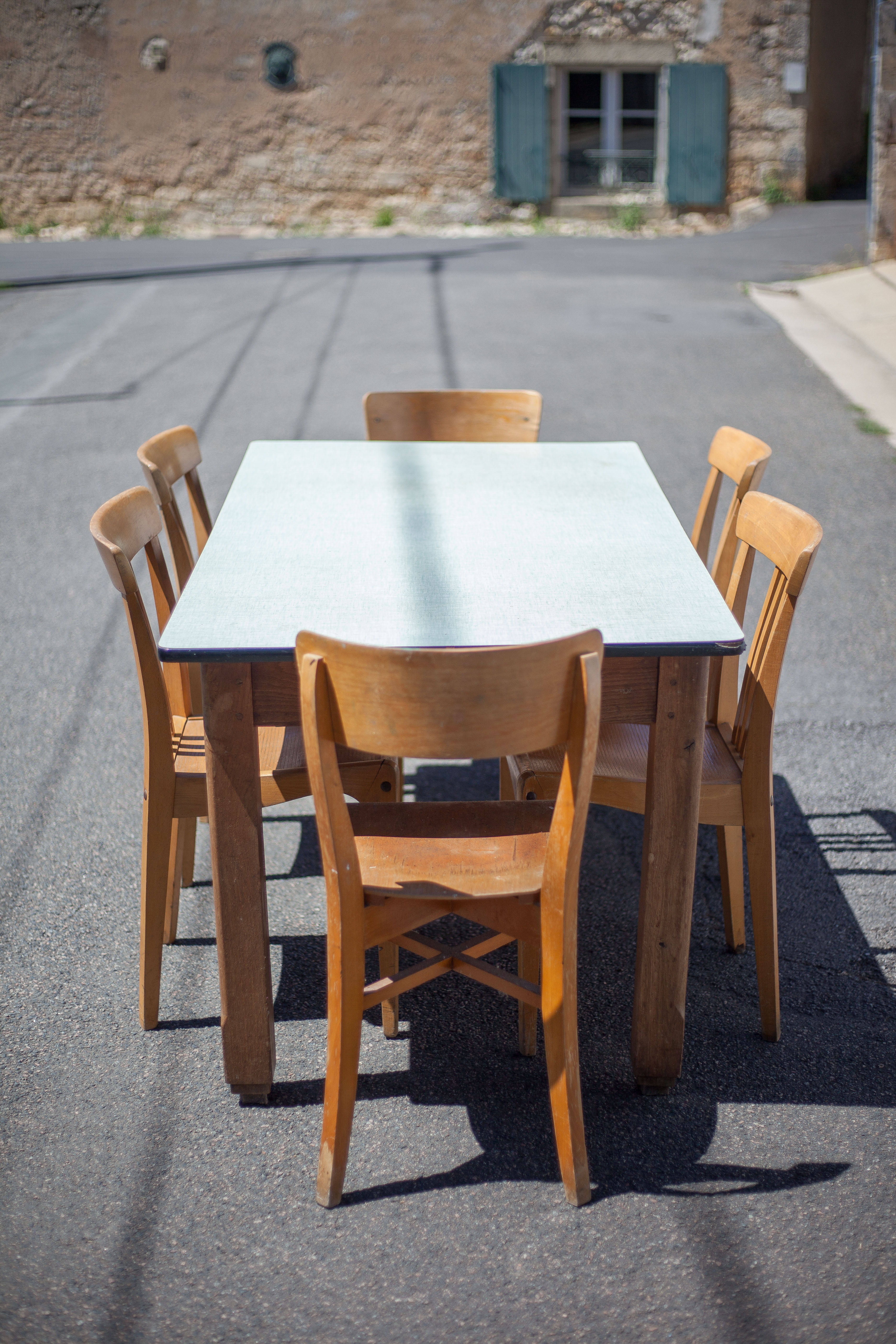 Wooden table formica top green vintage water
