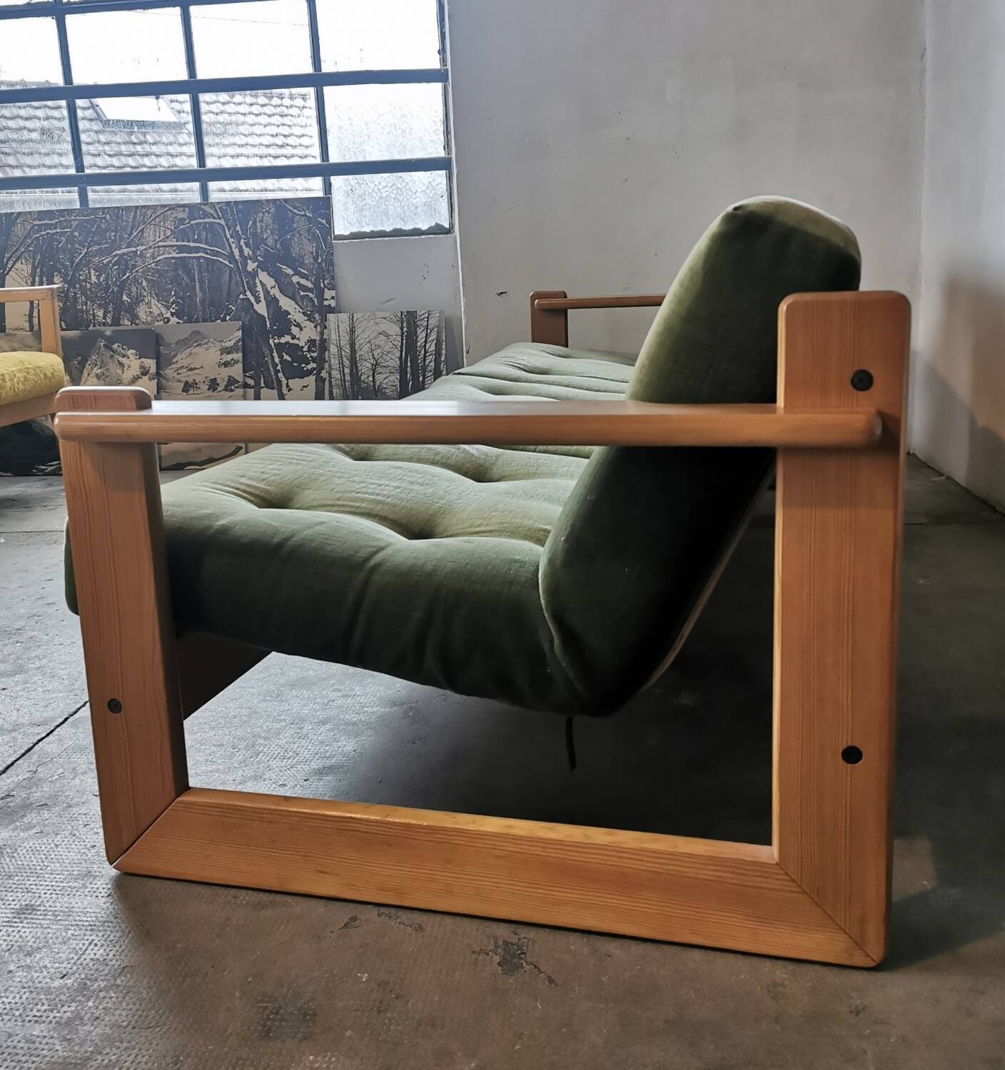 Scandinavian velvet and wood sofa