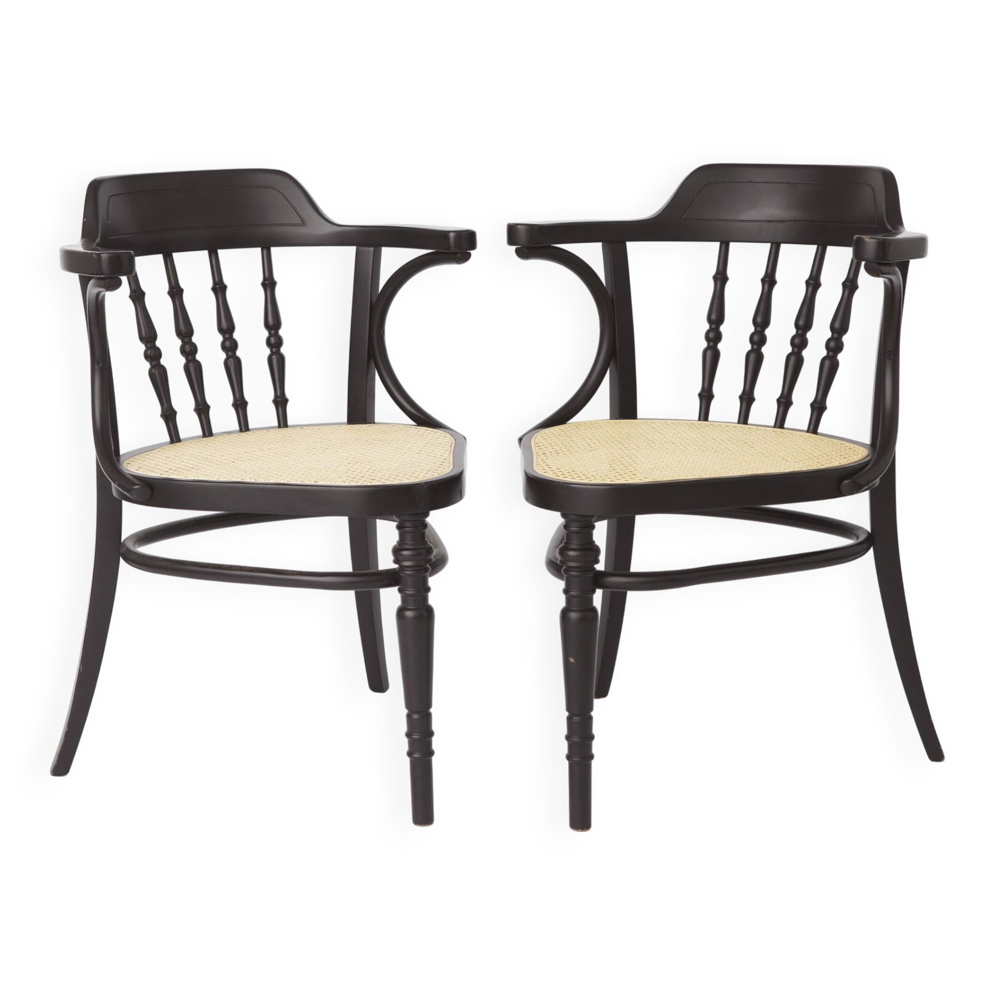 Pair of Bentwood Armchairs, Black Beechwood & Vienna Cane Seats, 1990s
