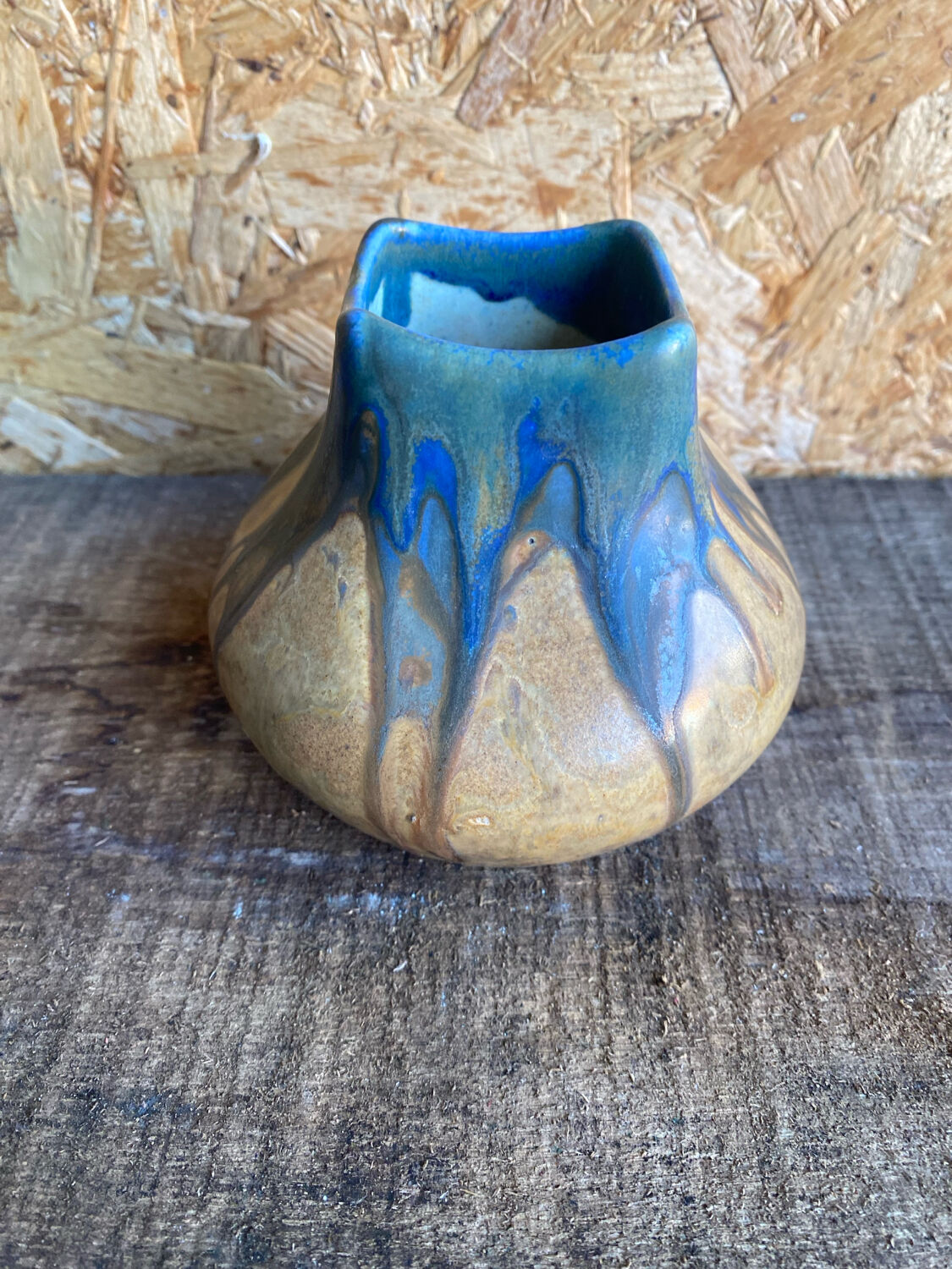 Ancient Vase GILBERT METENIER Beige Stoneware Blue Glazes Vallauris Vintage