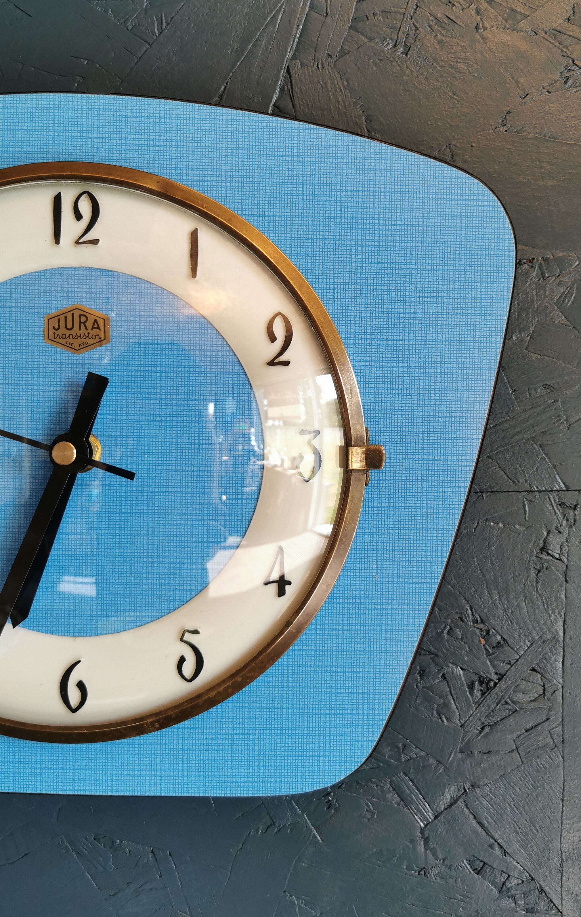 Vintage formica clock silent trapeze wall clock "Blue Jura"