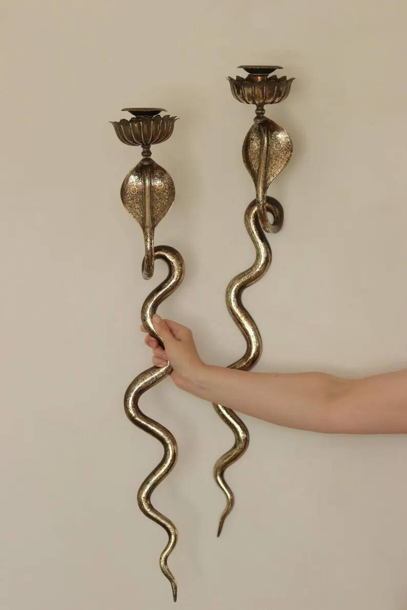 Pair of Neo-Egyptian Style Engraved Brass Wall Sconces Featuring Cobras