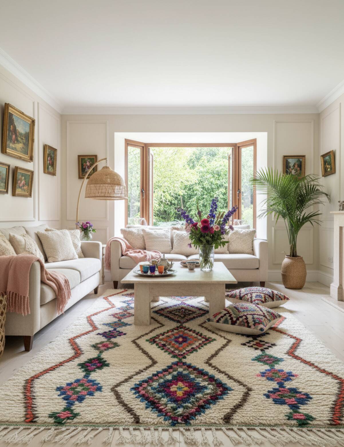 Moroccan Berber rug in cream wool with multicoloured diamonds – 250 × 147 cm