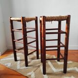 Pair of vintage brutalist stools made of wood and straw, France 1965.