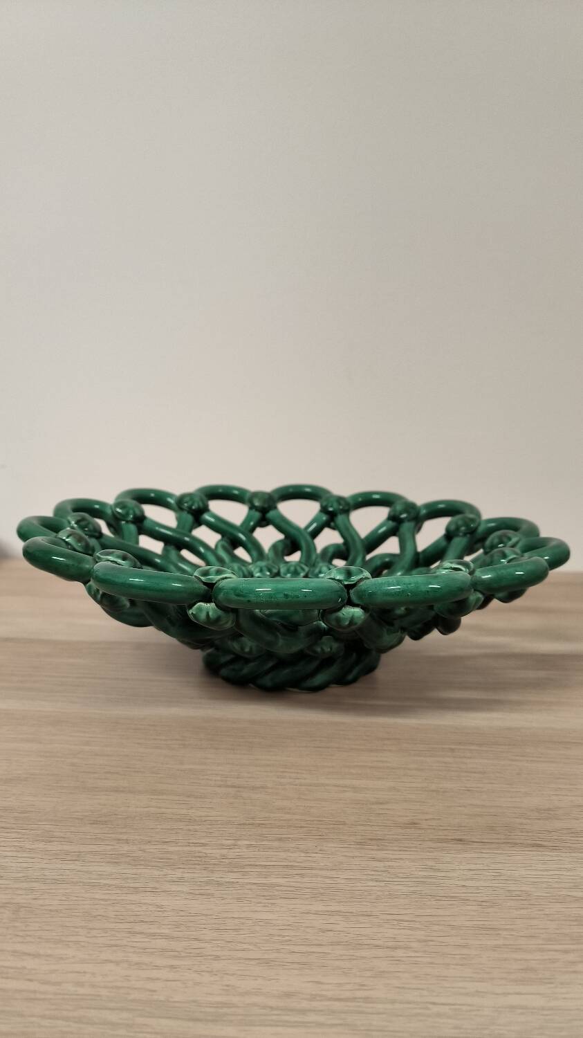 Antique woven fruit bowl in green Vallauris earthenware.