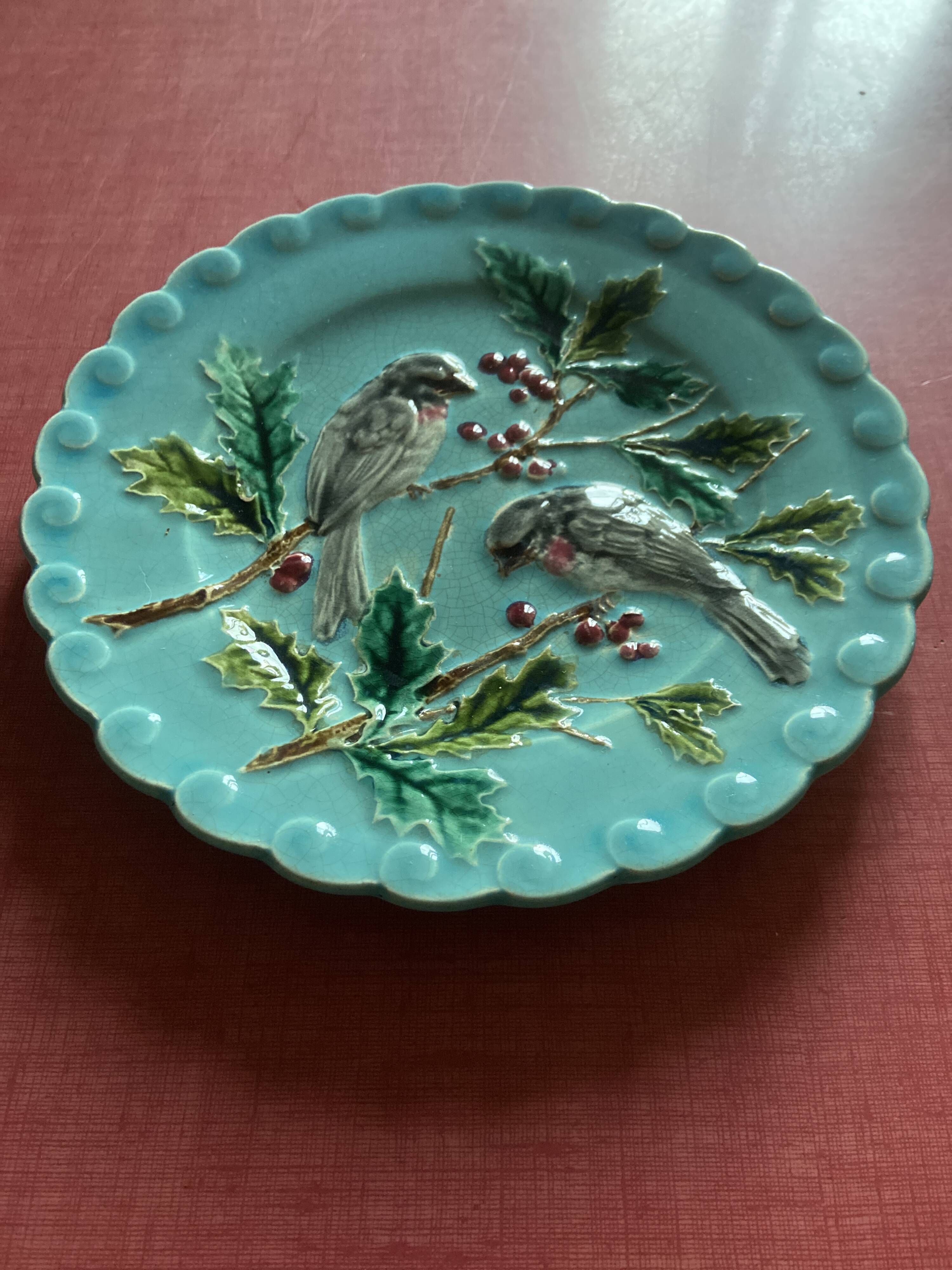 Set of 6 Barbotine Plates Sarreguemines Turquoise - Birds & Fruit