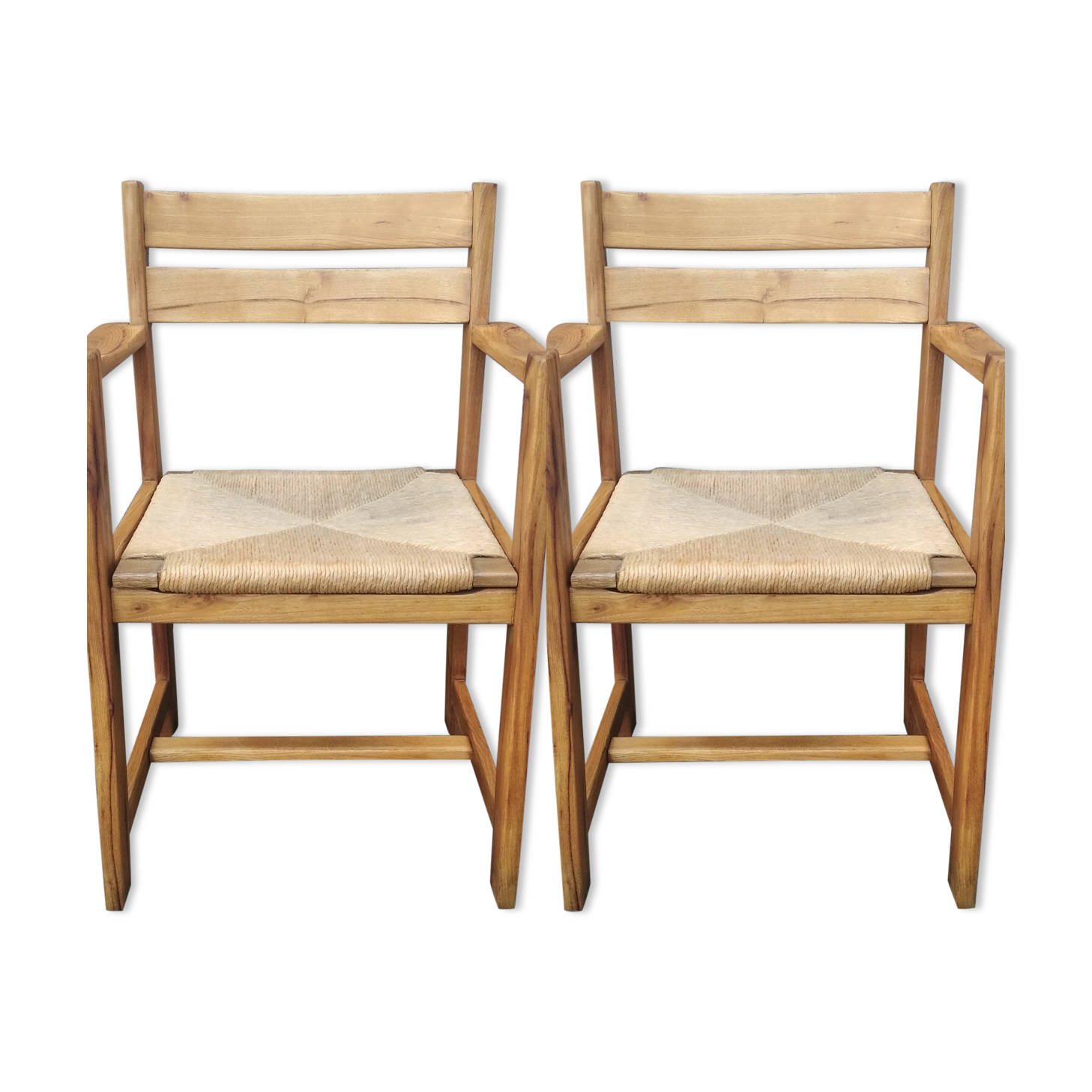 Paire de fauteuils années 50 paille et bois