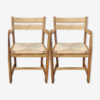 Pair of armchairs 50s straw and wood
