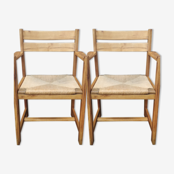 Paire de fauteuils années 50 paille et bois