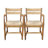Paire de fauteuils années 50 paille et bois