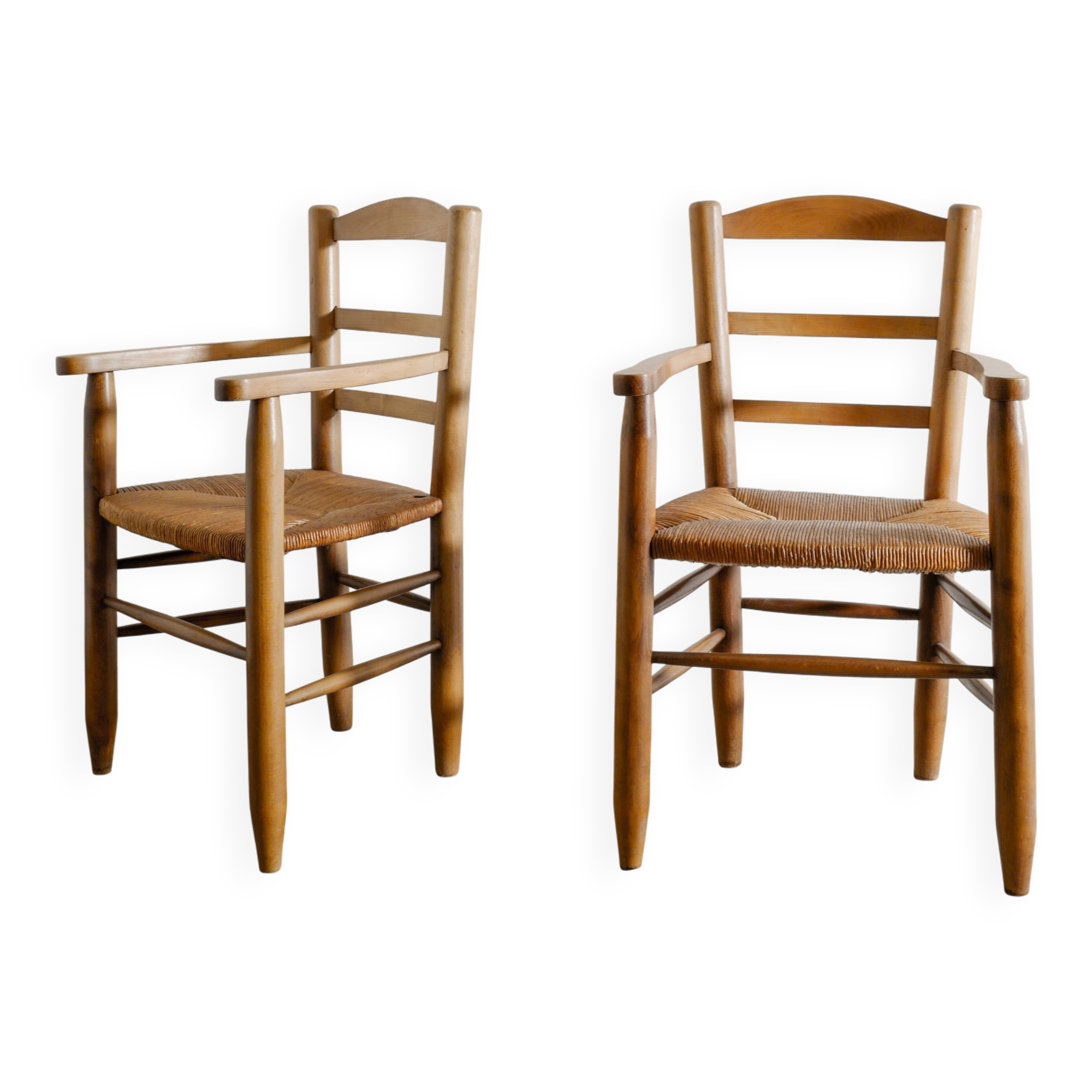 Vintage French Mid Century Wooden Armchairs in Elm & Rattan, 1950s