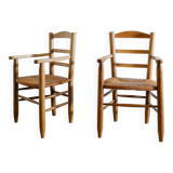 Vintage French Mid Century Wooden Armchairs in Elm & Rattan, 1950s