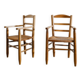 Vintage French Mid Century Wooden Armchairs in Elm & Rattan, 1950s