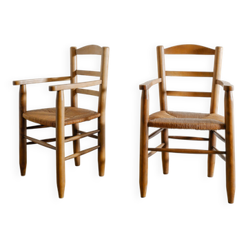 Vintage French Mid Century Wooden Armchairs in Elm & Rattan, 1950s
