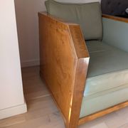 Vintage armchair Hugues Chevalier Paris — Almond green leather & Wood