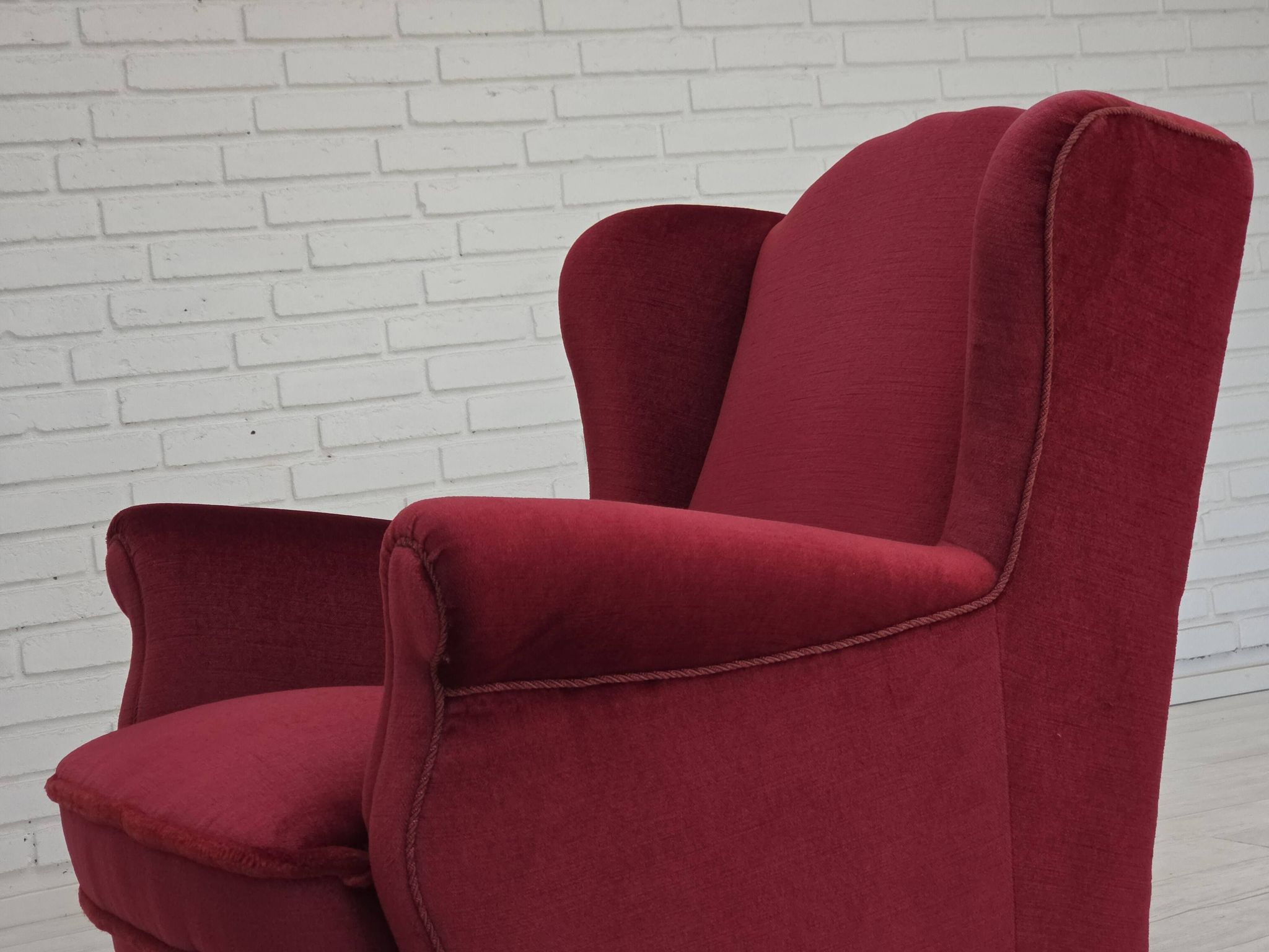 1960s, Danish armchair, red furniture velour, beech wood legs.