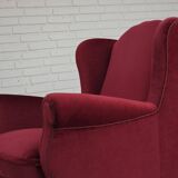 1960s, Danish armchair, red furniture velour, beech wood legs.