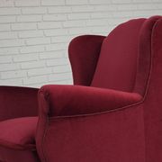 1960s, Danish armchair, red furniture velour, beech wood legs.