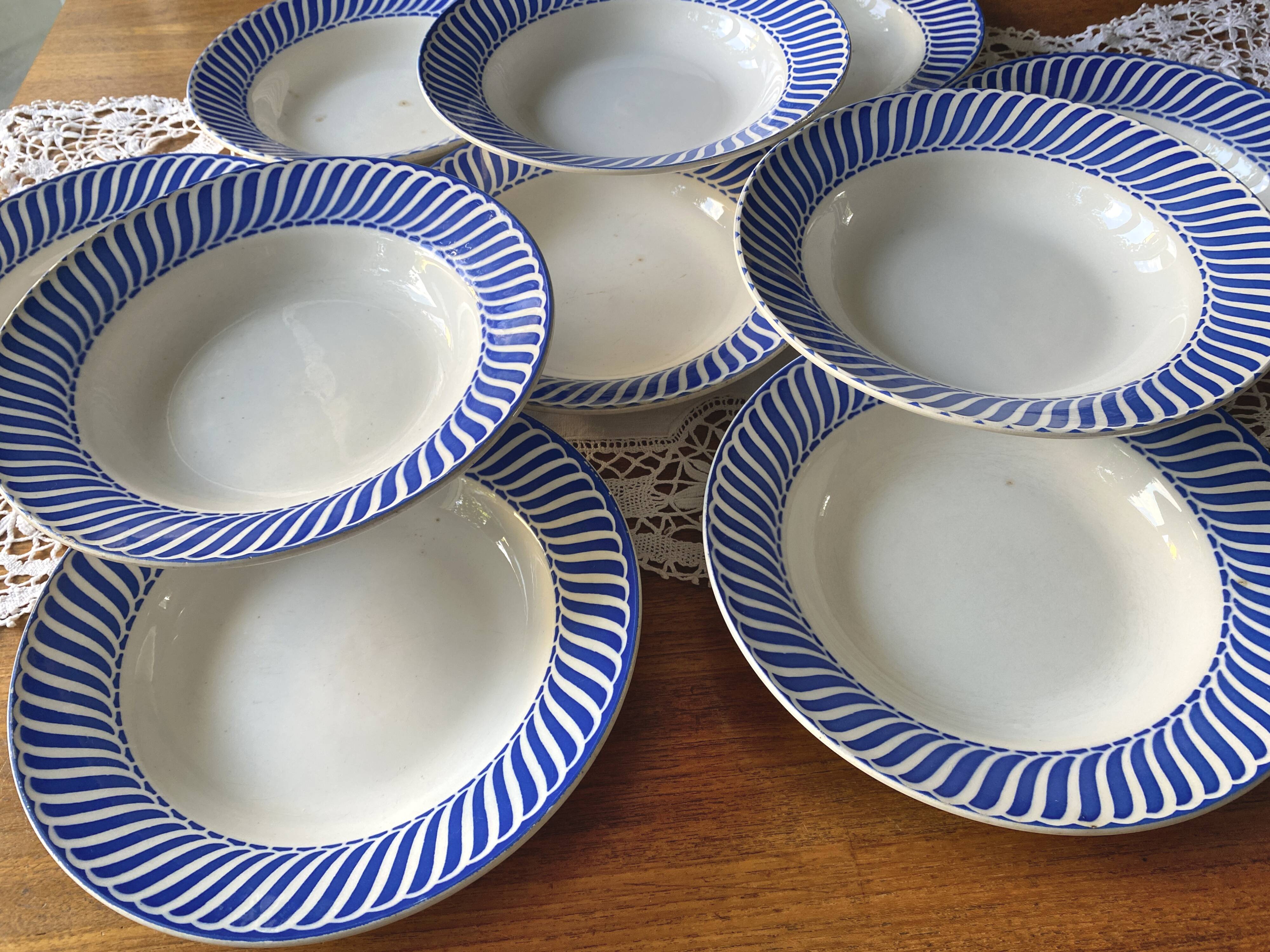 Vintage Digoin Sarreguemines Jacquot blue earthenware plate set 23 pieces