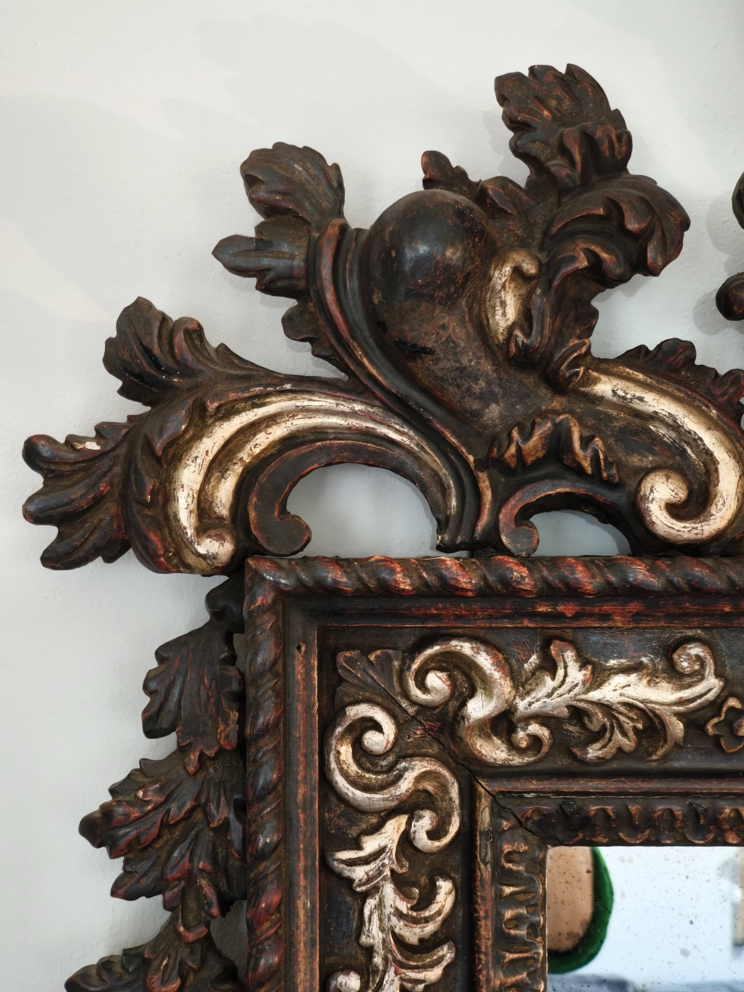 Grande Miroir Italien Sculpté, Bois Doré et Patiné, Style Baroque Rococo, A