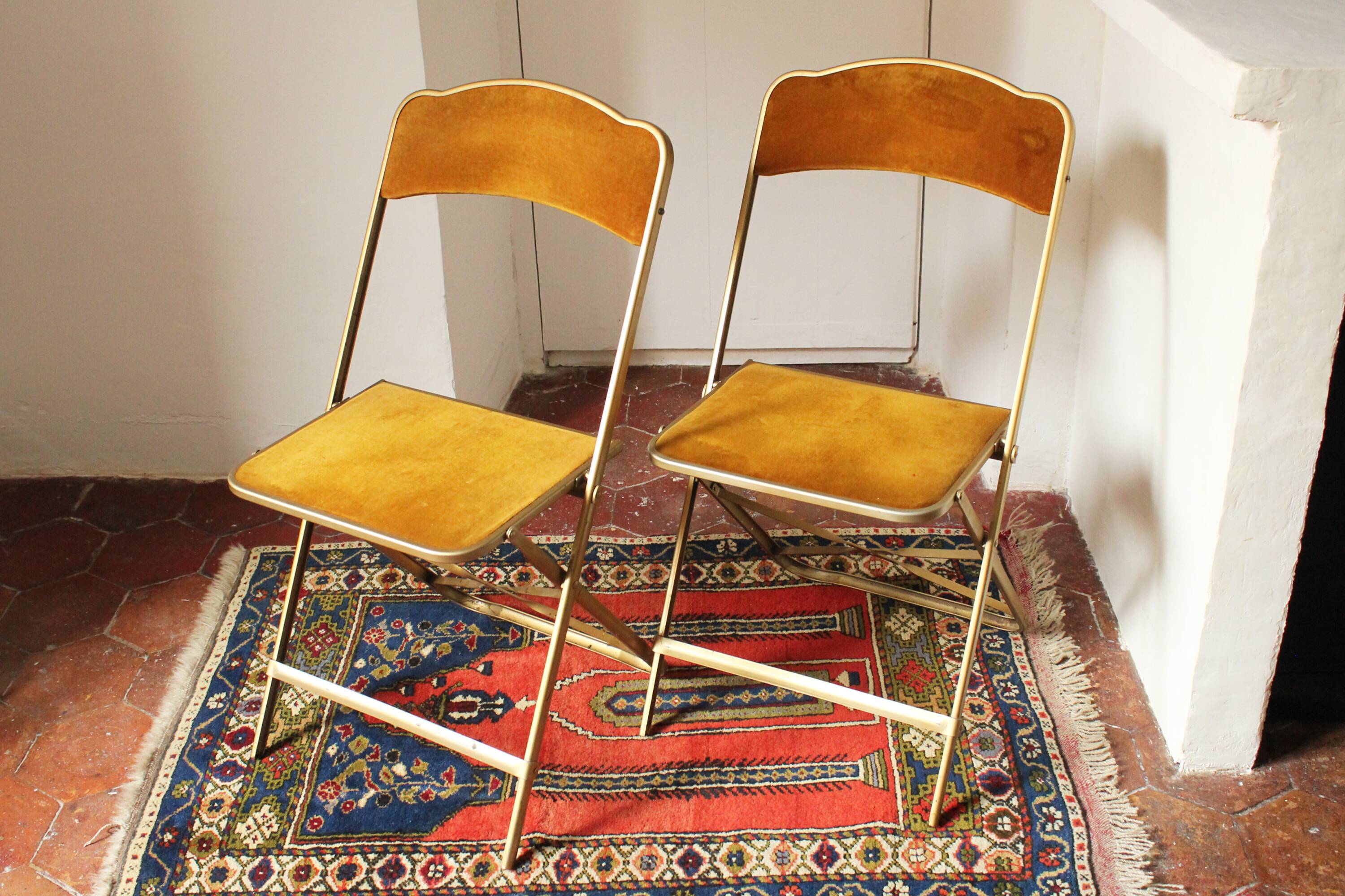 Folding chaisor chairs, gold structure and vintage golden yellow velvet
