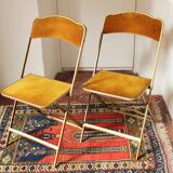 Folding chaisor chairs, gold structure and vintage golden yellow velvet