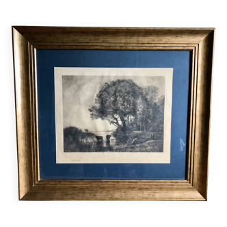 Large framed old lithograph signed corot