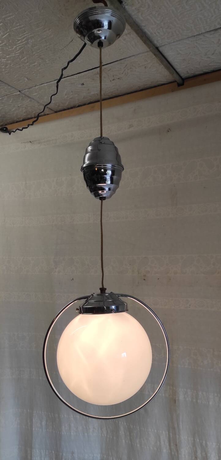 Art Deco suspension in chrome metal and opaline globe - mid 20th century