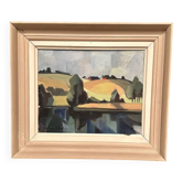 Original Swedish Oil on Panel - "Landscape with Cabins" by Ruben Hedin - Signed - Vintage and Framed