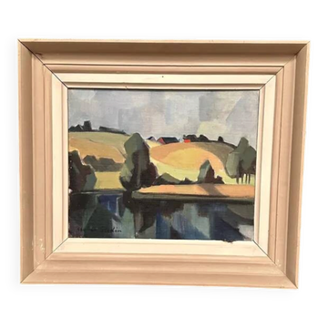 Huile sur panneau d'origine suédoise - "Paysage avec cabanes" par Ruben Hedin - Signé - Vintage et encadré