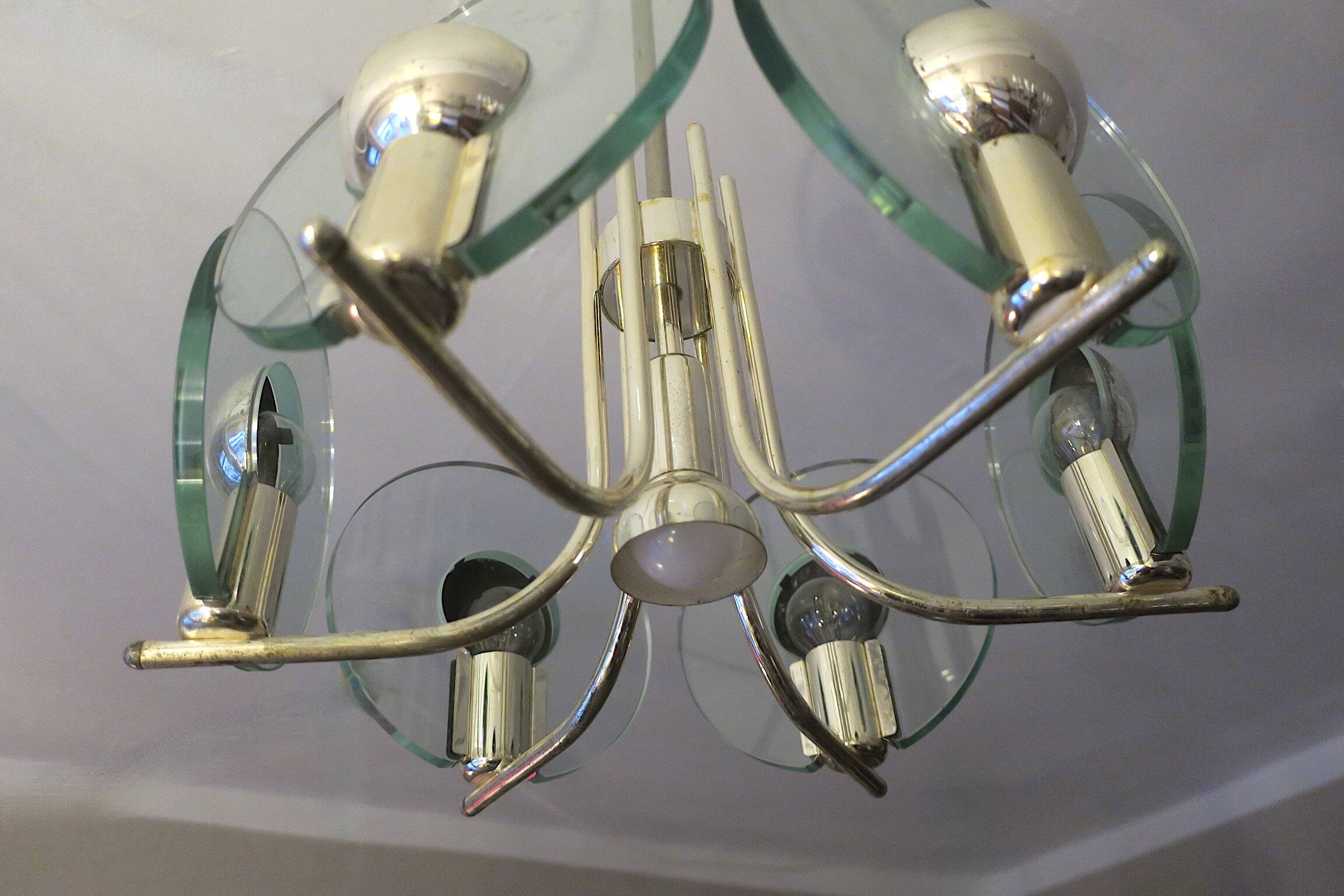 Italian silver plated chandelier with 6 crystal glass discs, 1960s