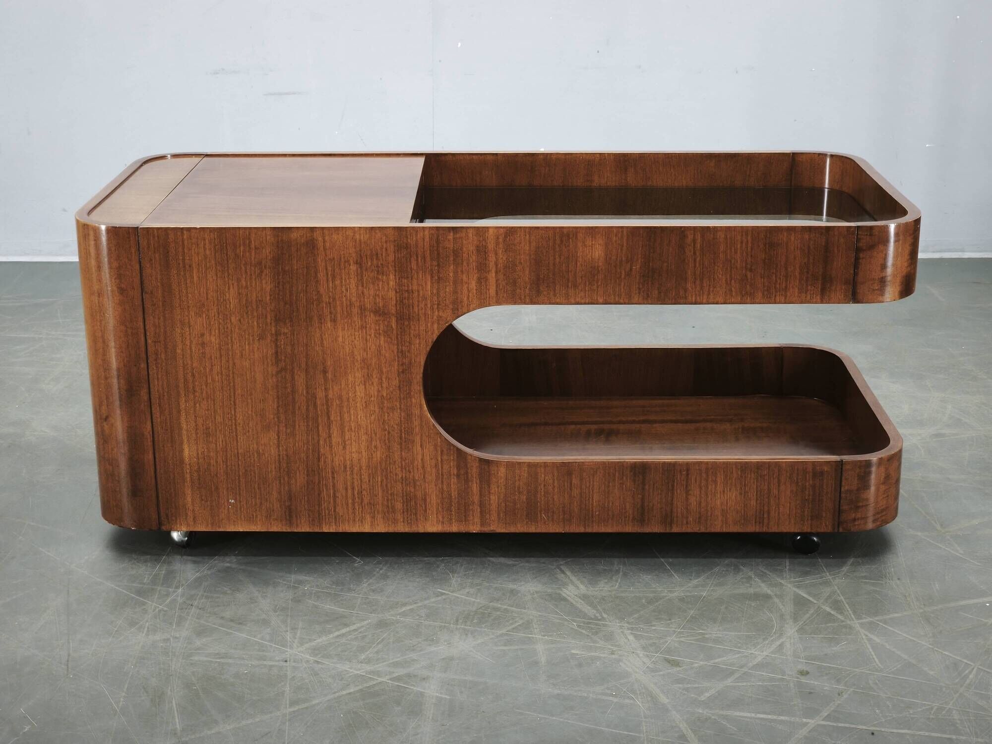 1970s Italian Modernist Wood and Smoked Glass Bar Cart