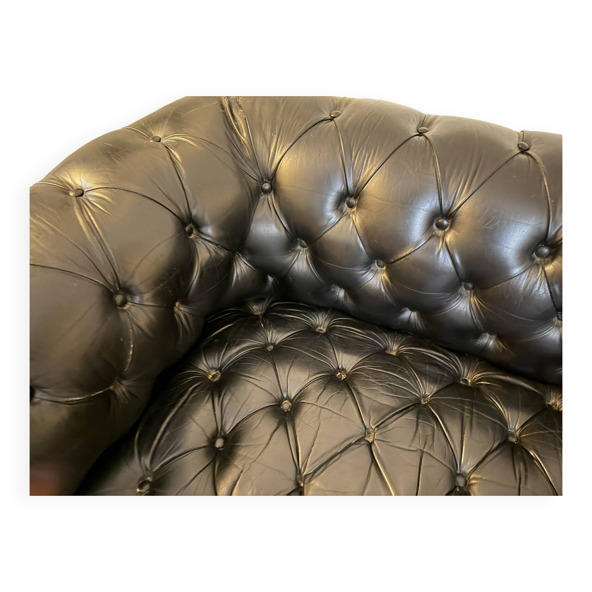 Canapé Chesterfield cuir noir + paire de fauteuils