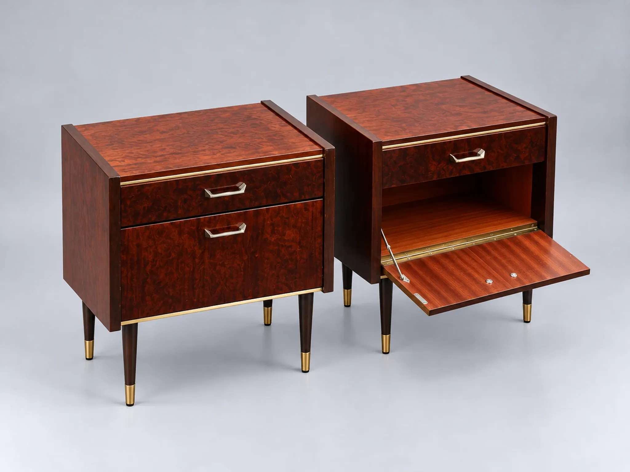 Set of 2 vintage design nightstands with brass details