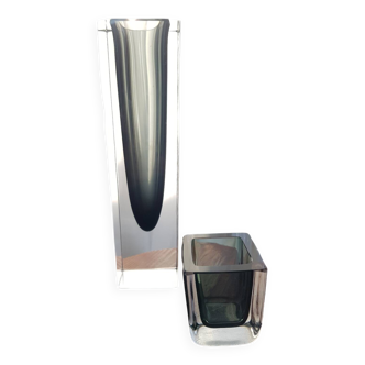 Pair of Sommerso vases in black Murano glass