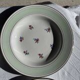 Set of 9 vintage turquoise deep plates with gold trim and pink flowers.