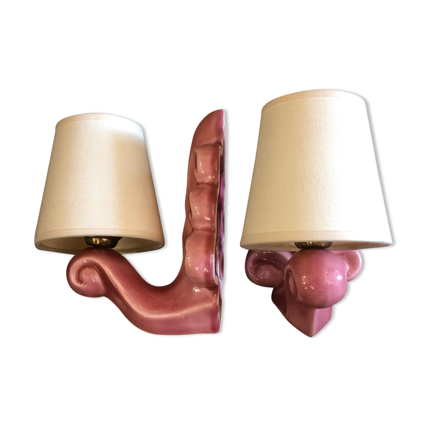 Pair of earthenware palmette wall lamps, 1950s