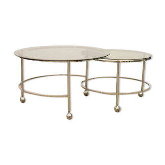 Table basse pivotante à deux niveaux en acier chromé et cristal, années 1970